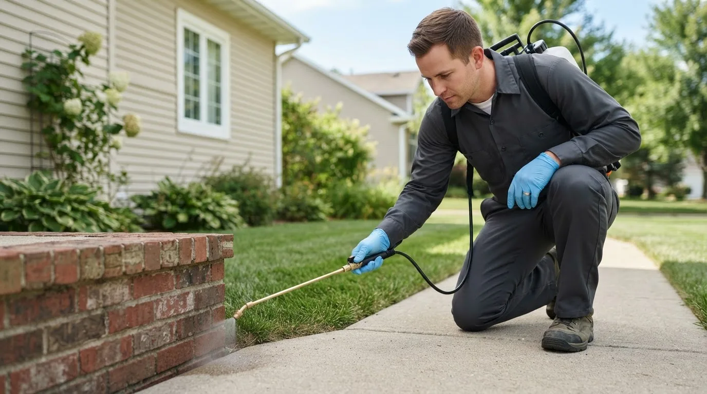 Pest control technician treating a home near Leamington, UT
